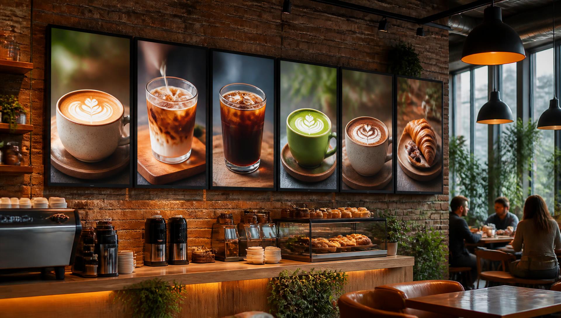Trend kahve içecekleri ve pastalar gösteren dijital menü board ekranları olan modern cafe