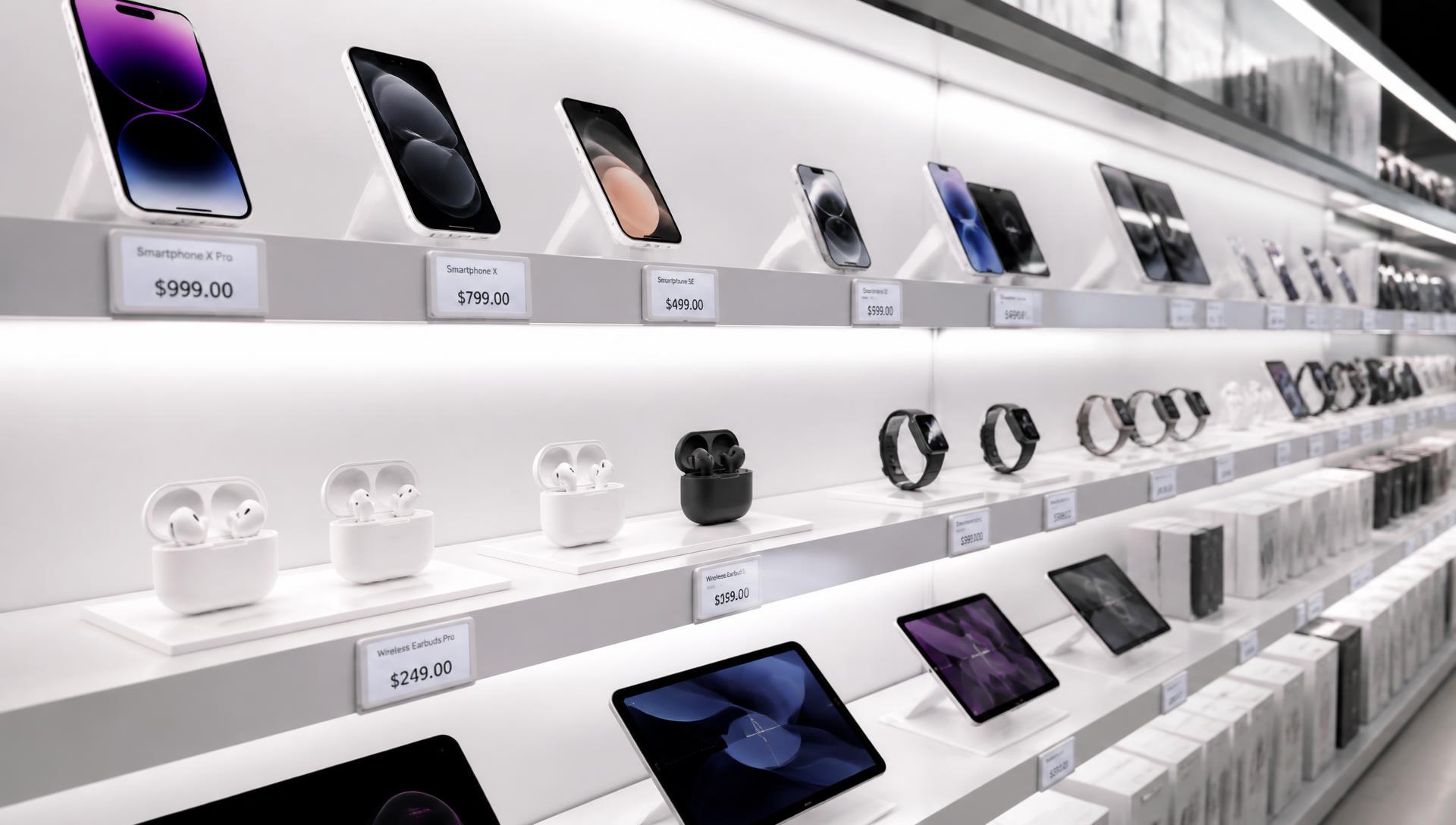 Modern elektronik mağazası tüketici reyonunda akıllı telefon, tablet ve kulaklık raflarının önünde dijital fiyat etiketleri