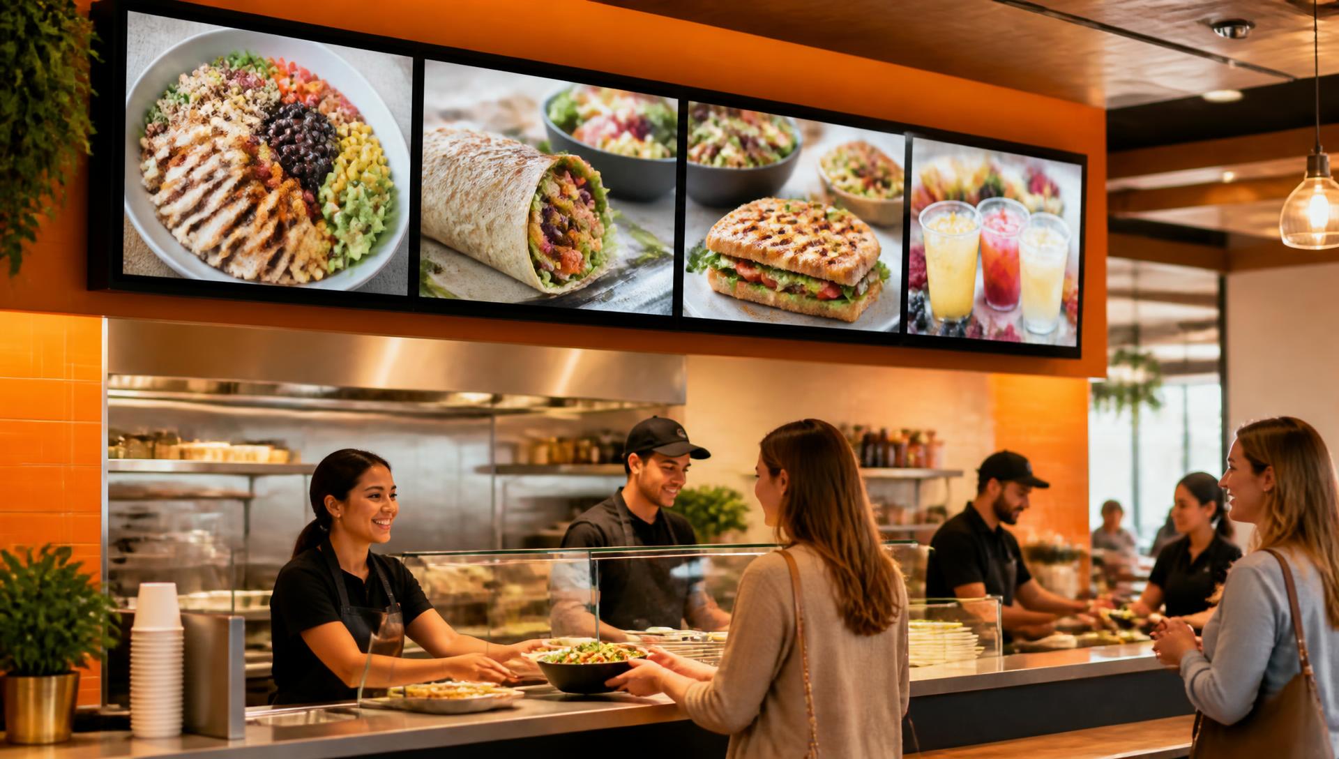 Canlı renkli yemek görselleri gösteren, modern fast-casual restoran tezgahı üzerindeki dijital menü board ekranları