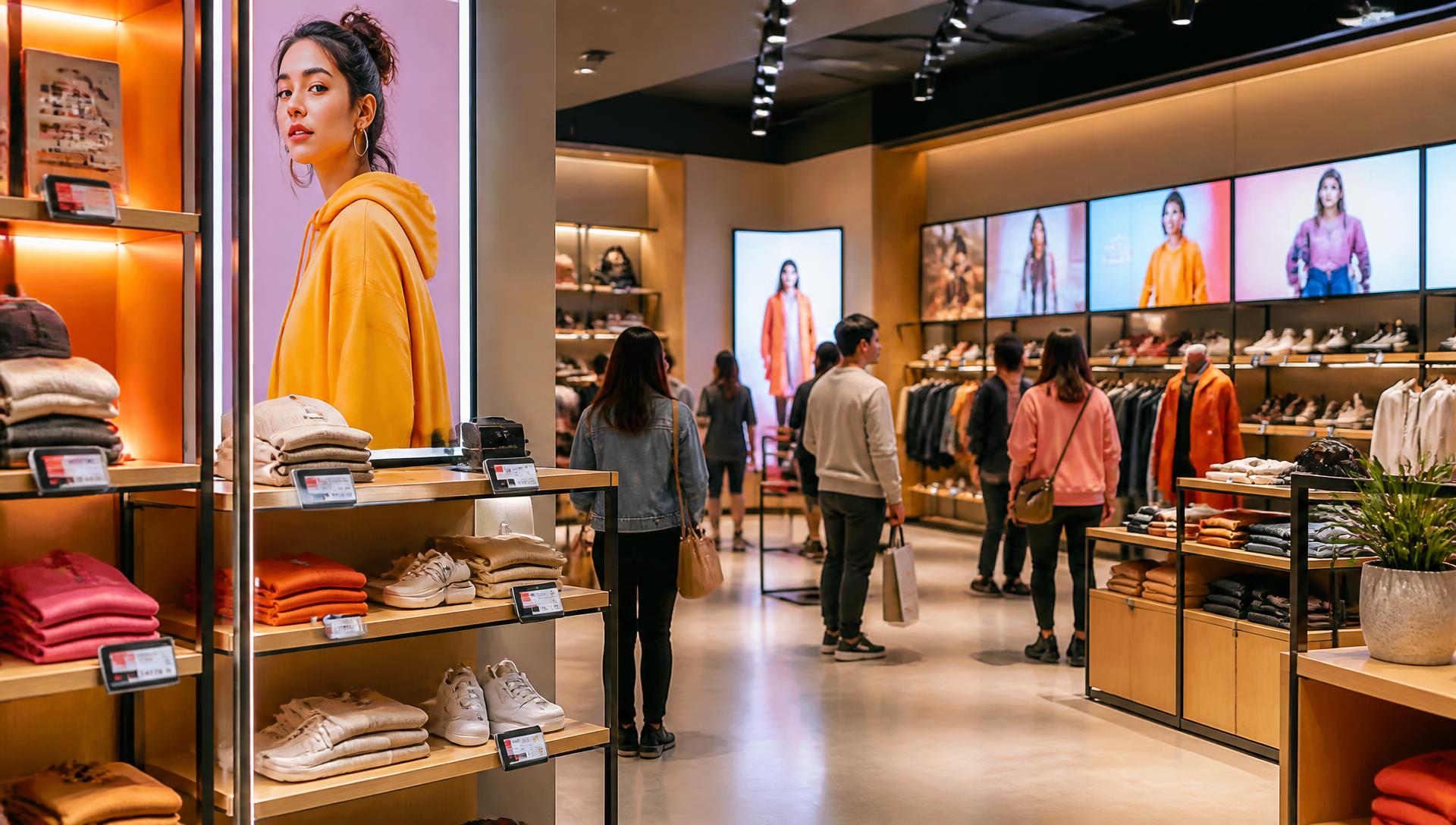 Moda kampanyaları gösteren dijital ekranlar ve elektronik raf etiketleri olan canlı ve modern perakende mağazası