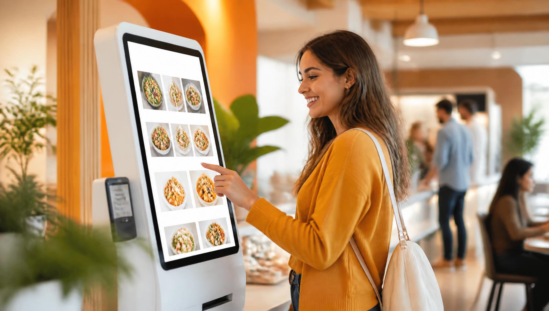 Modern cafe ortamında gülümseyen müşteri self-servis sipariş kiosku kullanıyor